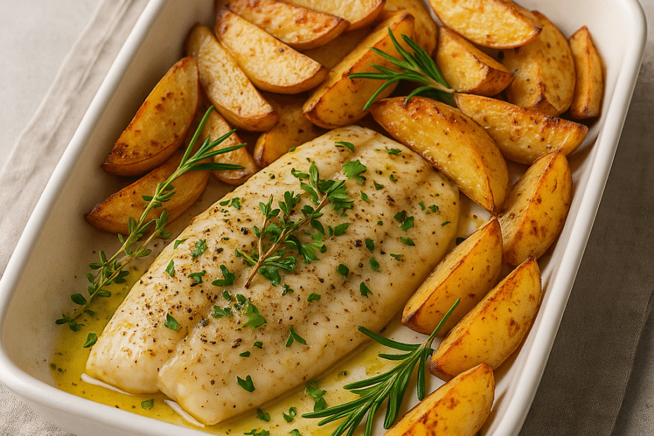 Peixe Assado com Ervas e Batatas Rústicas