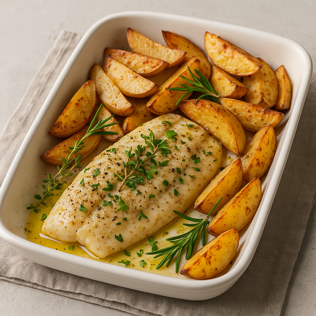 Peixe Assado com Ervas e Batatas Rústicas