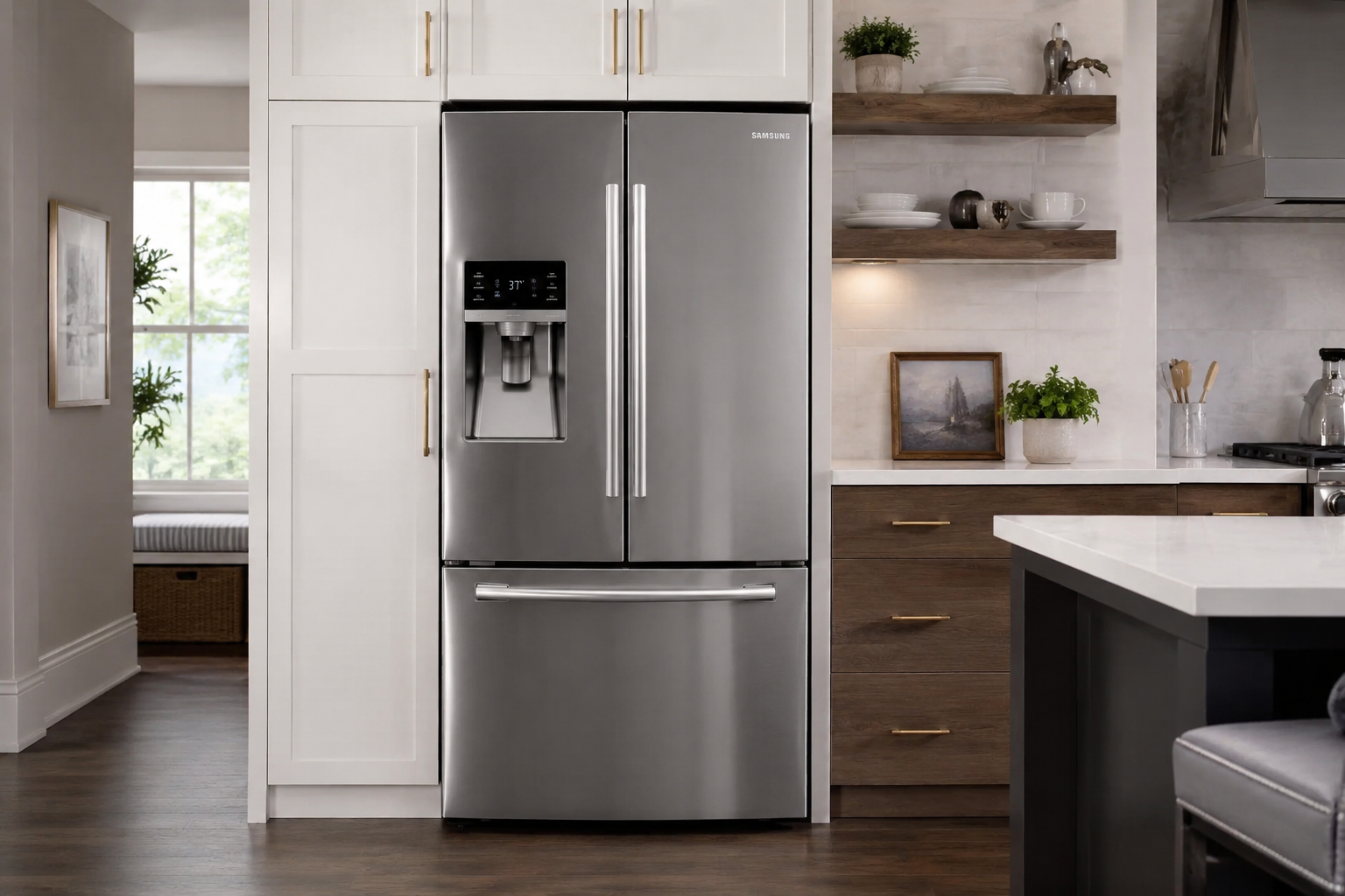 Geladeira frost free em destaque em cozinha planejada